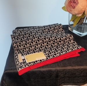 Michael Kors Gray and Black Logo Scarf with Red Trim NWT